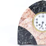 An Art Deco green and pink marble lancet-top 8-day mantel clock, white enamel dial with Arabic