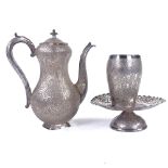 3 Indian Kashmir unmarked silver items, comprising coffee pot, beaker and pedestal dish, allover