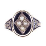 An early 20th century 9ct rose gold black enamel and split pearl mourning ring, enamelled