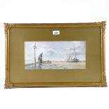 Ken Douglas, watercolour, fishing boats at low tide, signed, 7" x 13.5", framed Very good condition