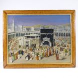 Early 20th century oil on board, pilgrimage to Mecca, unsigned, description verso, 18" x 24", framed