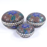 A set of 3 graduated Chinese cloisonne enamel circular boxes, largest 6cm across