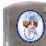 An early 20th century Continental silver and enamel panel curved cigarette case, hand painted