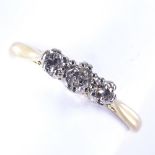 A late 20th century 18ct gold 3-stone diamond ring, total diamond content approx 0.1ct, setting