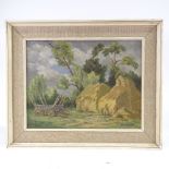 Marjorie Remnant, oil on canvas, haystacks, signed, 14" x 18", framed Good original condition