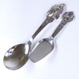 CARL M COHR - 2 Vintage Danish stylised silver spoons, relief and pierced grapevine handles, largest