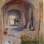 19th century watercolour, figures in cloisters, signed with monogram, dated 1895, 12" x 8", framed