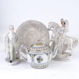 A group of 19th century Staffordshire pottery, including a relief moulded teapot (A/F), a figure