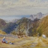 19th century watercolour, view over Hastings, signed with monogram, 7" x 20.5", original frame