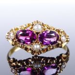 A 19th century 15ct gold garnet and split pearl dress ring, hallmarks Birmingham 1865, setting