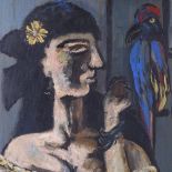 Modern oil on board, woman with parrot, 21" x 16", framed Good condition