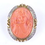 A 19th century relief carved coral cameo pendant/brooch, depicting female portrait, in unmarked gold