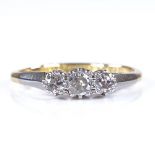 An early 20th century 18ct gold 3-stone diamond dress ring, platinum-top settings, total diamond