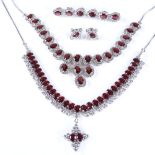 2 modern silver garnet and CZ matching necklace and earring sets, necklace lengths 42cm and 40cm All