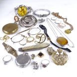 Various jewellery, including Swarovski bracelet, mother of pearl fruit knife, fob watch, amber