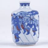 A small Chinese blue white and iron-red glaze porcelain snuff bottle, with hand painted figures, 6