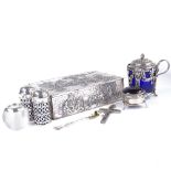 Various silver items, including large mustard pot with blue glass liner, Continental silver