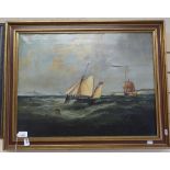 19th century oil on canvas, ships at sea, unsigned, A/F, 50cm x 66cm, framed