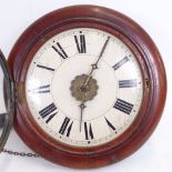 A mahogany-cased circular dial wall clock, with pine cone weights and movement striking on a bell,