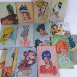 A 1940s collection of 14 portraits depicting ladies wearing hats, indistinctly signed M Winering,