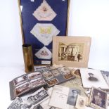 A collection of photographs of military interest, including India, framed embroidered handkerchiefs,