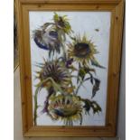 Clive Fredriksson, oil on board, impressionist sunflowers, pine frame, overall frame dimensions 88cm