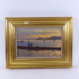 Vic Trevett, oil on canvas, sunset sailing boats, 20cm x 30cm