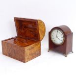 A modern birdseye maple dome-top tea caddy, and a mahogany dome-top mantel clock, working order,