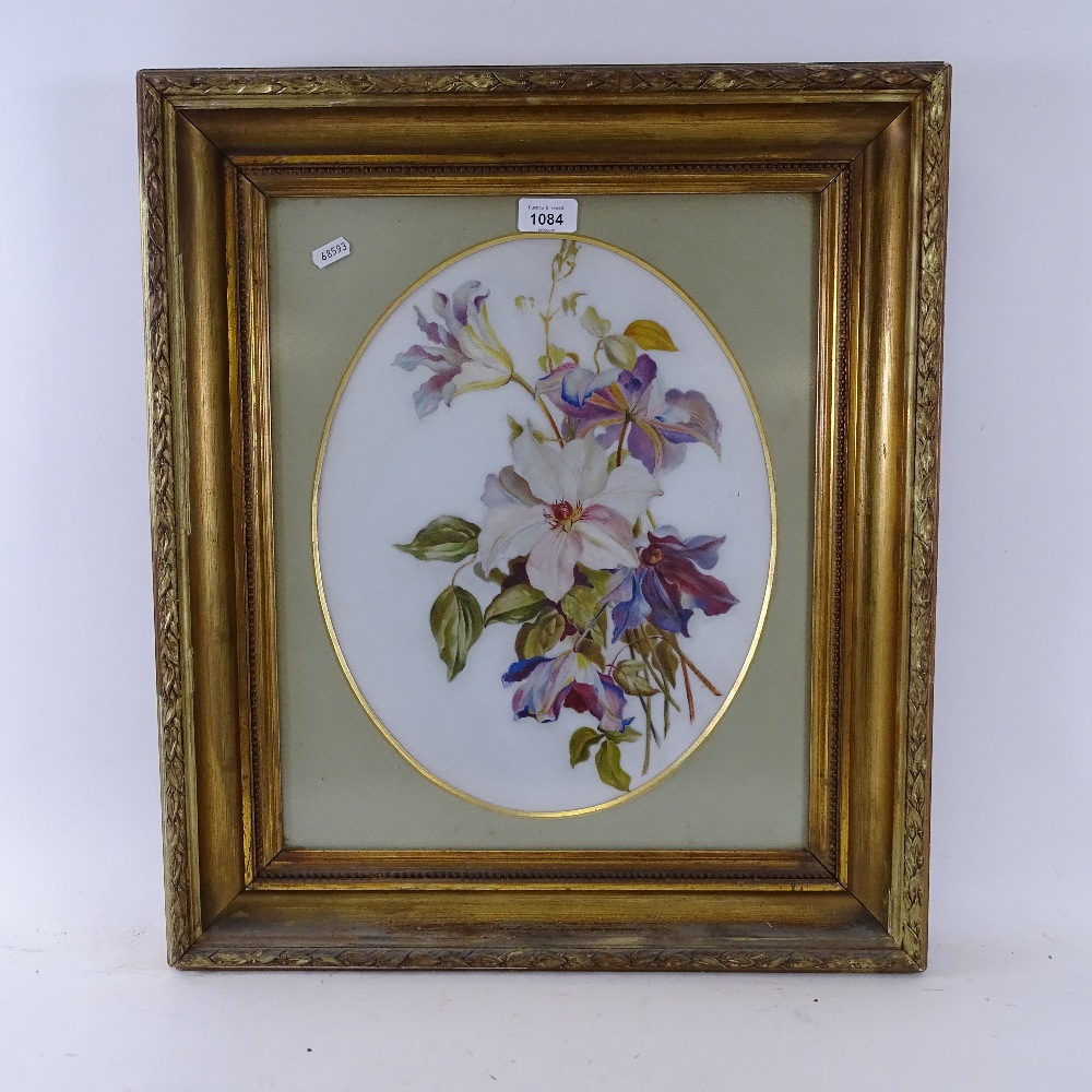 19th century oil on opaque glass panel, botanical study, in gilt-gesso frame, overall frame