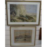 19th century watercolour, figures on a beach, and a 19th print, Hastings from the sea (2)