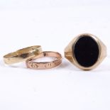 A 9ct gold gent's signet ring with black onyx panel, 2 9ct gold wedding bands, and another, 8.8g