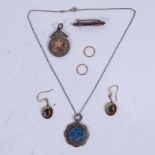 A pair of 9ct gold mounted earrings, silver fobs etc