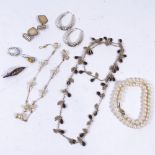A pearl necklace with 9ct gold clasp, 9ct earrings, silver jewellery etc