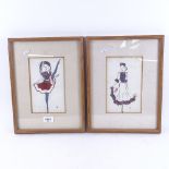 A pair of watercolour fashion designs, circa 1940s, signed with monogram HO, 20cm x 12cm, framed