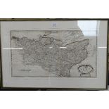 A framed map of Kent by Robert Morden, 33cm x 79cm overall, and an unframed hand coloured map of