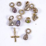 Various silver-gilt pendants and charms, including pearl and stone set examples, 30.7g total (11)