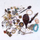 Various interesting collectables, including unmarked white metal Scottish brooch, carved shell