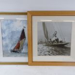 Bland, watercolour, Penzance fishing boats, Tony Blackman, watercolour, sailing barge, 2 other