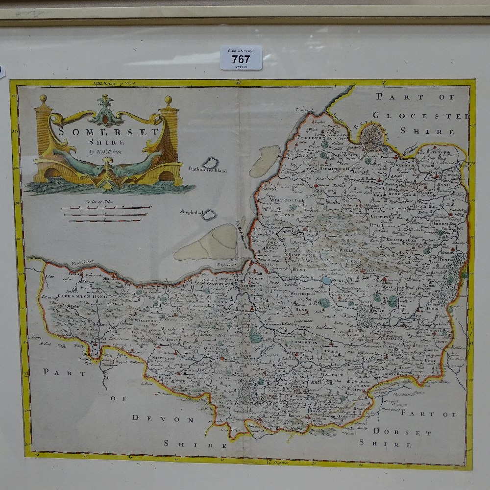 A hand coloured map of Somersetshire, by Robert Morden, framed, 48cm x 55cm overall