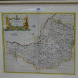 A hand coloured map of Somersetshire, by Robert Morden, framed, 48cm x 55cm overall