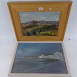 Robert Williams, oil on canvas, hilltop town, 30cm x 40cm, and Seven Sisters, 35cm x 50cm, framed (