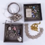 A silver-cased lighter, a silver wristwatch, and various other silver and costume jewellery