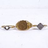 An 18ct gold gent's signet ring, 9.2g, an 18ct gold and diamond set daisy design ring, 2.2g, and