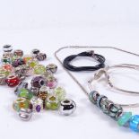 A collection of coloured silver mounted charms, 2 silver and mother-of-pearl bangles etc
