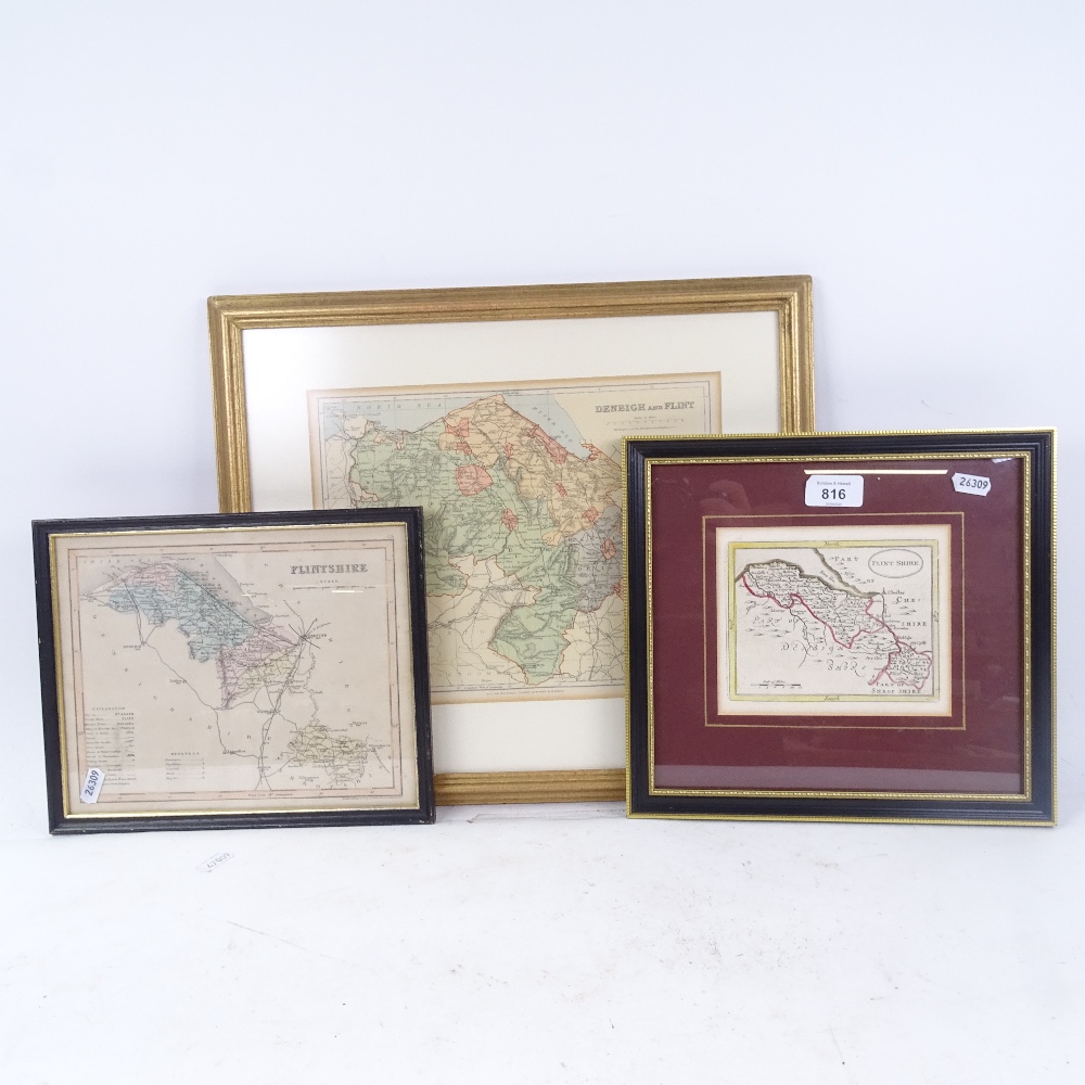 A small framed hand coloured map of Flintshire, 26.5cm x 28cm overall, and 2 other maps of