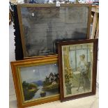 A pair of 19th century reverse paintings behind glass, in maple frames, a charcoal drawing, First