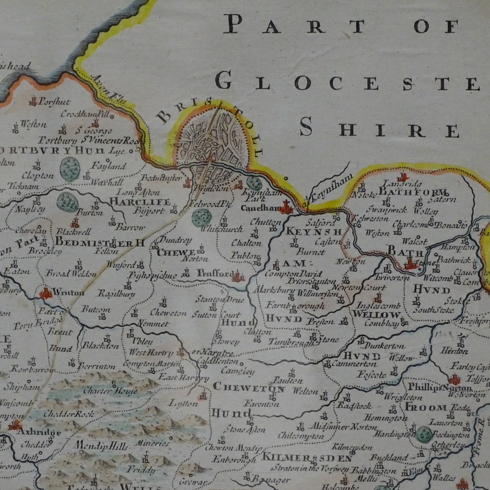 A hand coloured map of Somersetshire, by Robert Morden, framed, 48cm x 55cm overall - Image 2 of 2