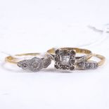 3 9ct gold and diamond set dress rings, 6.2g