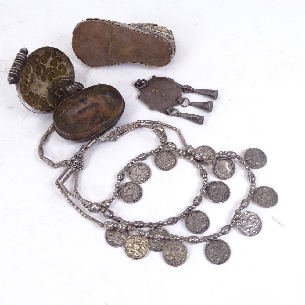 An Eastern coral and unmarked white metal betel box, enamelled tassel pendant, coin necklace and - Image 2 of 2