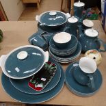Poole Pottery teal coloured tea and dinner service, a Poole Pottery dish, and Clarice Cliff preserve
